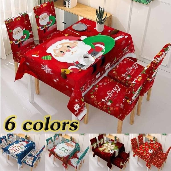 Christmas Tablecloth Chair Set Kitchen Dining Table Decorations Santa Claus Print Family Rectangular Party Waterproof Table Chair Covers Christmas Ornaments