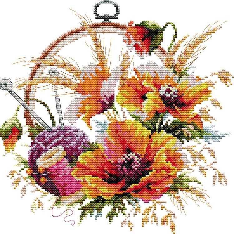 (14Ct/11Ct Counted/Stamped) Flowers - Cross Stitch Kit 32X32CM