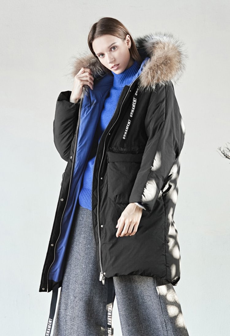 SDEER Letter Embroidered Ribbon Pure Black Down Jacket