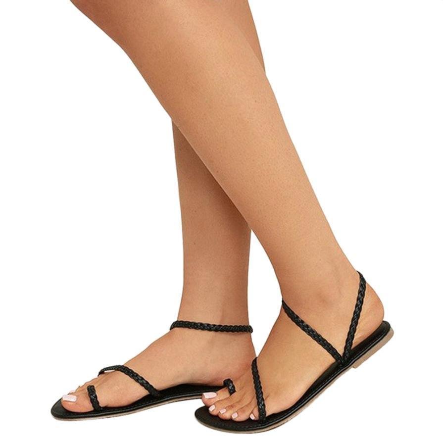 Plus Size Thong Sandals Women Flip Flops Weaving Casual Beach Flat Rome Sandals-Corachic