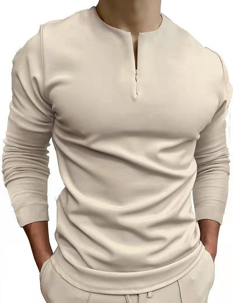 Casual Collarless Long Sleeve Zipper Polo Shirts for Men