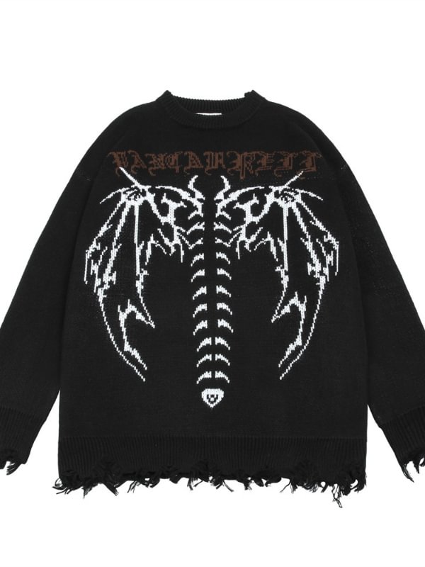 Dark Goth Statement Skull & Letter Jacquard Ripped Fringed Oversize Sweater