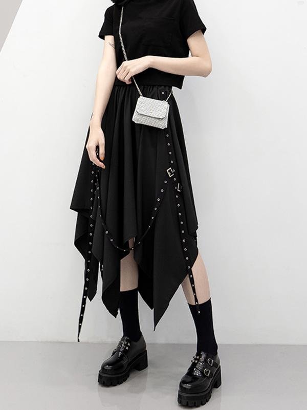 Punk Irregularity Tasseled Rivet Solid Chiffon Skirt