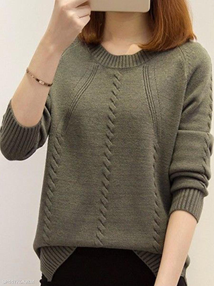 Round Neck Plain Long Sleeve Pullover Sweater-Allyzone-Allyzone