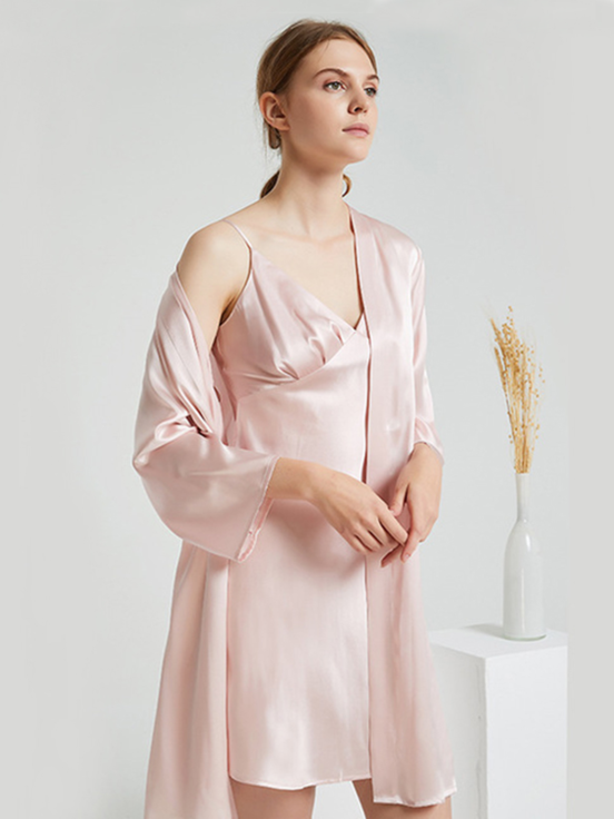 High Quality Women's Pink Silk Robe Set