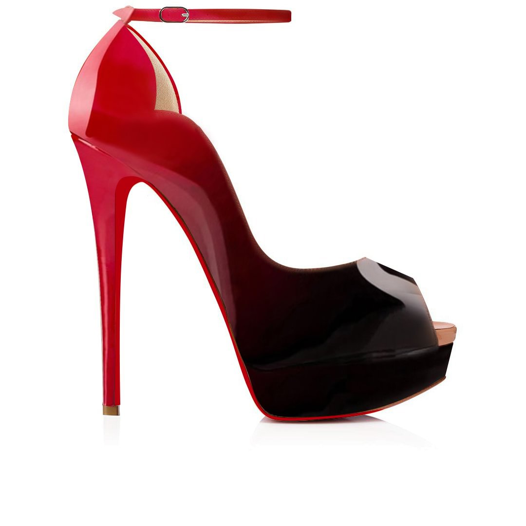 150mm Gradient Color Sky High Platform Ankle strap Pumps Red Black Patent-vocosishoes