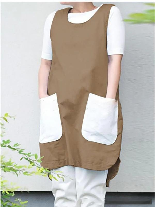 Plus Size Women Vintage Sleeveless Patchwork Pocket Apron Cotton Linen Dress-Mayoulove
