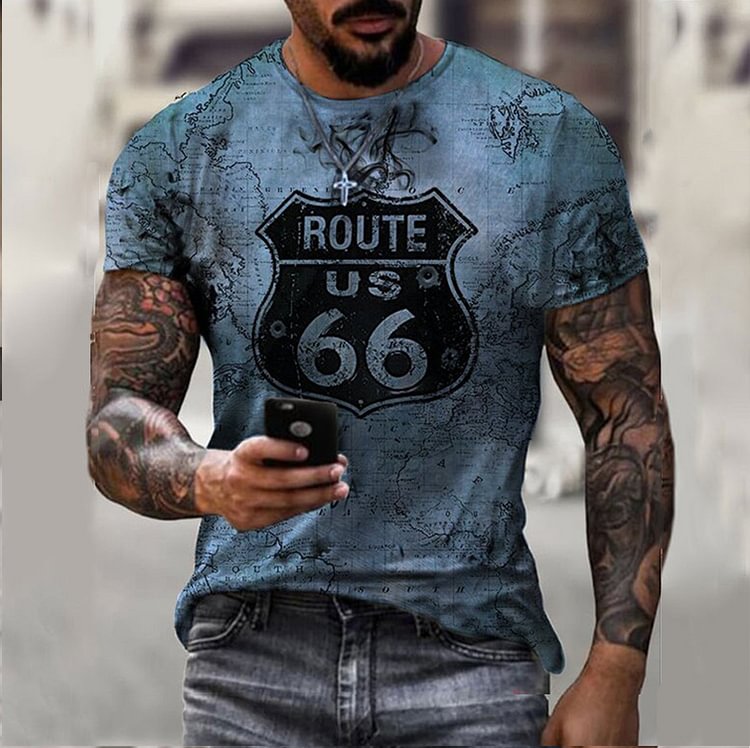 BrosWear Vintage Route 66 Print Memorial Theme T-shirt blue