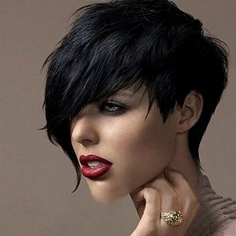 High Temperature Silk Black Oblique Bangs Short Straight Hair Wig Female-Corachic