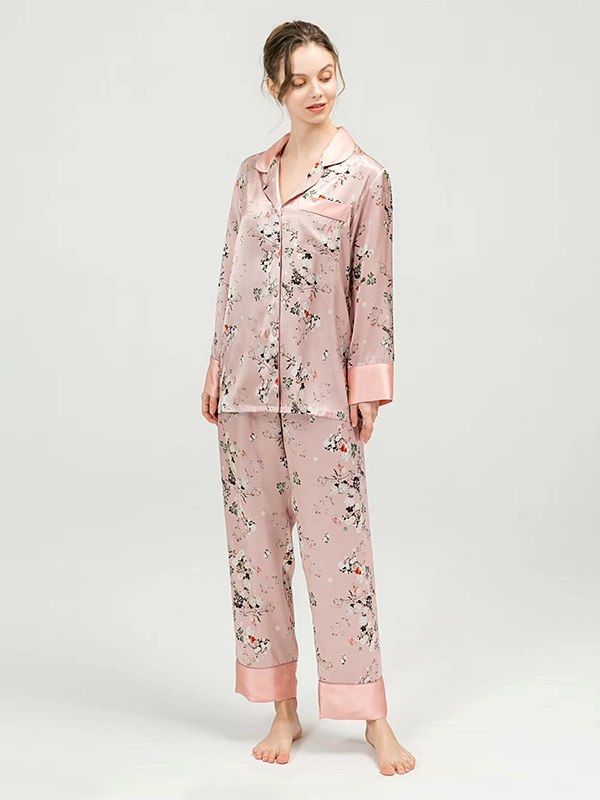 19 Momme Pink Spring Tiny Flowers Silk Pajamas-Real Silk Life