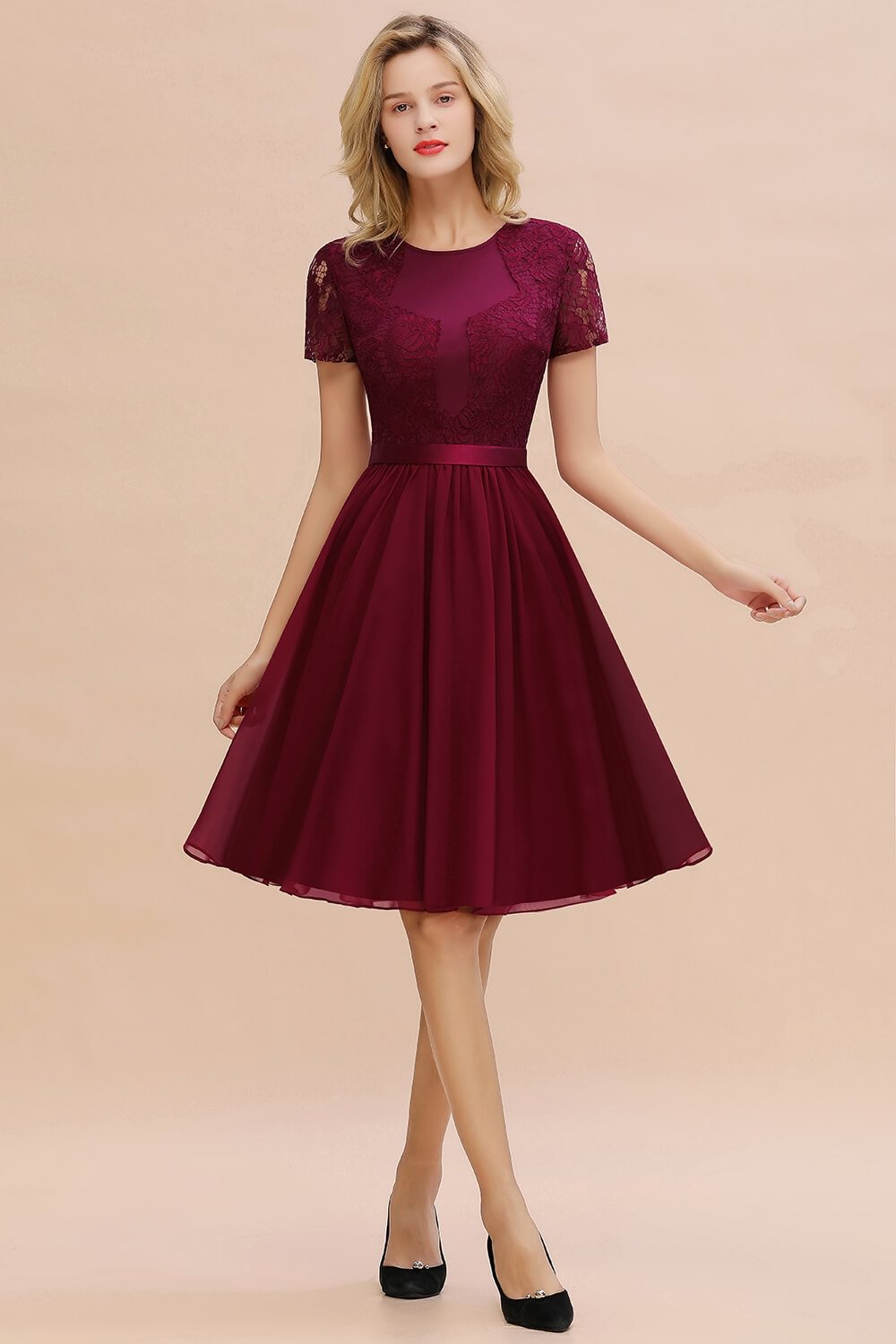 short sleeve burgundy lace homecoming dresses