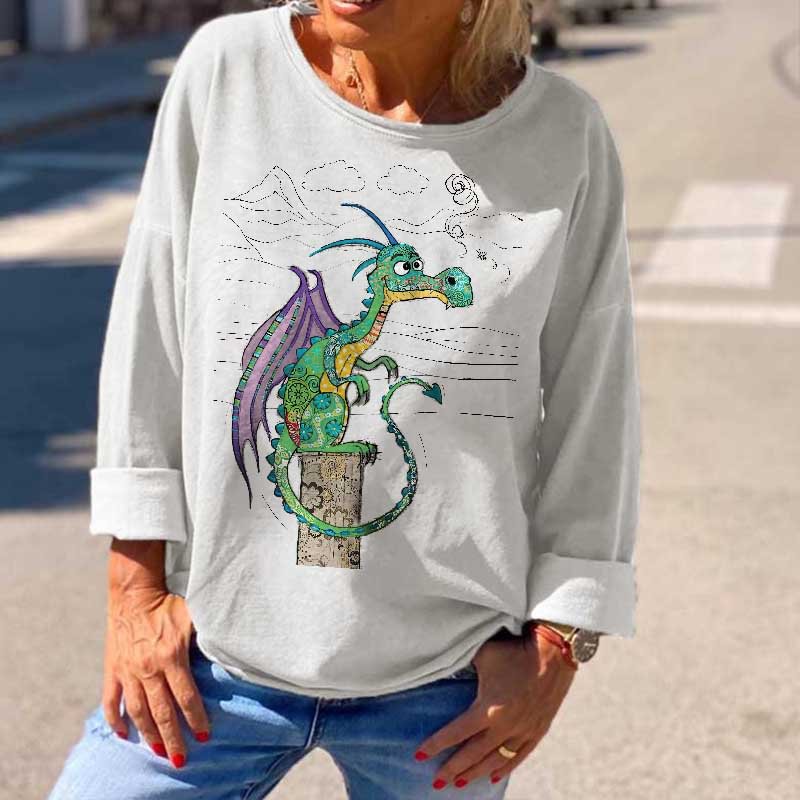 Women's Long-sleeved Western Dragon Printed T-shirt
