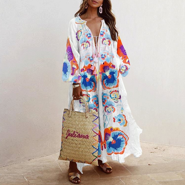 Spring And Autumn V-neck Long Sleeve Printed Long Loose Dress