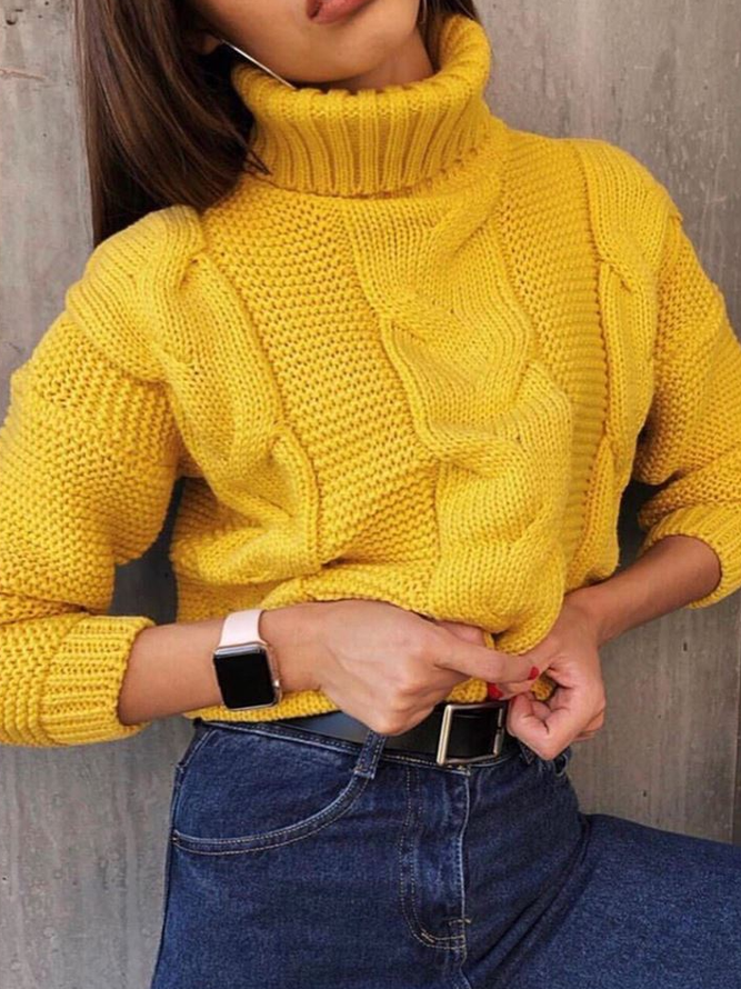 Yellow High Neck Sweet Jacquard Sweater-Corachic