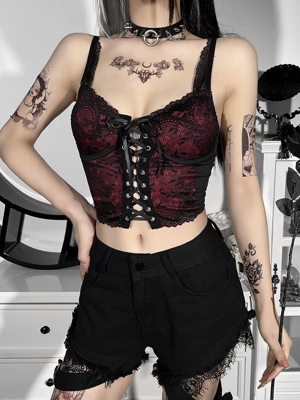 Gothic Dark Lace Paneled V Neck Spaghetti Straps Crop Top