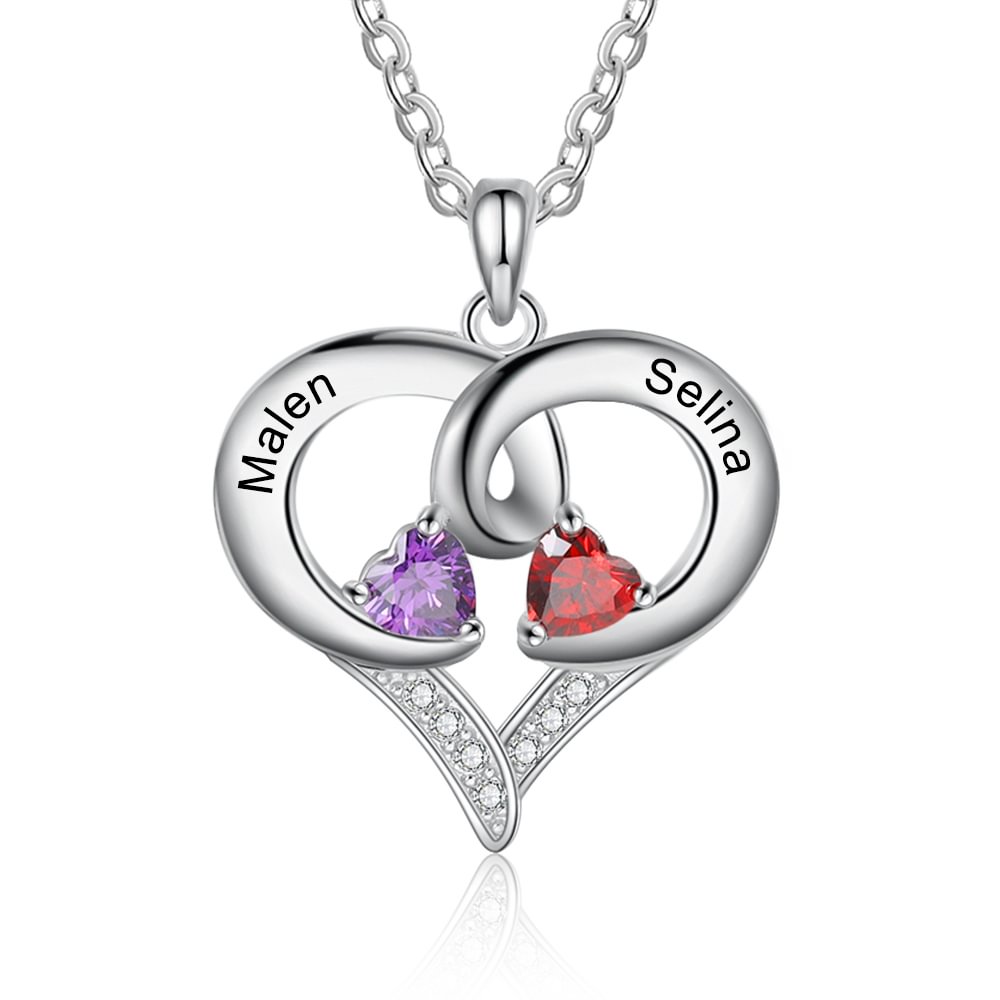 Personalized Heart Necklace，Engraved with 2 Birthstones and 2 Name