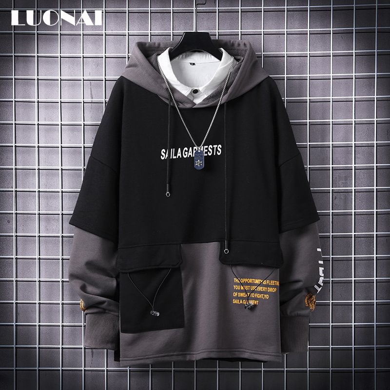 Loose casual trend ins stitching long-sleeved hooded sweater