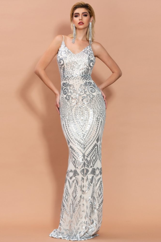 silver spaghetti-straps sequins mermaid prom dress