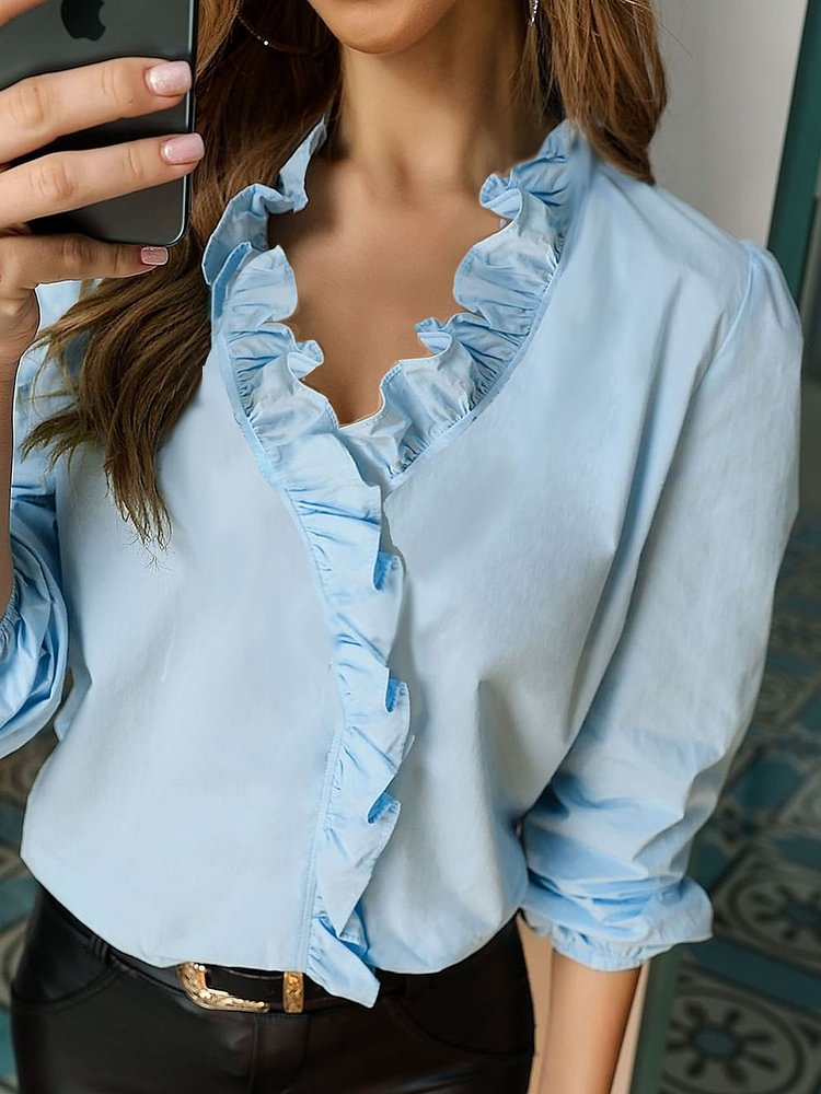 Women's V Neck Long Frill Sleeve Plus Size Slim Fit Casual Shirt