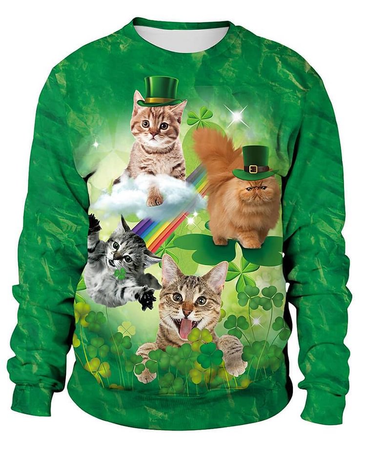 Mayoulove Kitty Fly Cat In The Clover Printed Unisex Patrick Green Sweatshirt-Mayoulove