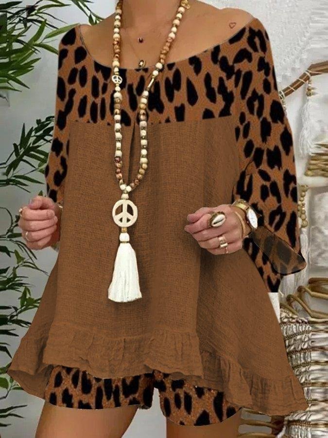 Khaki Casual Shift Long Sleeve Leopard Print Suits