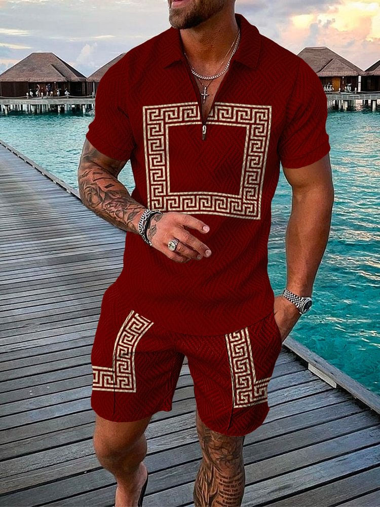 Men's Retro Red Pattern Printed Polo Suit