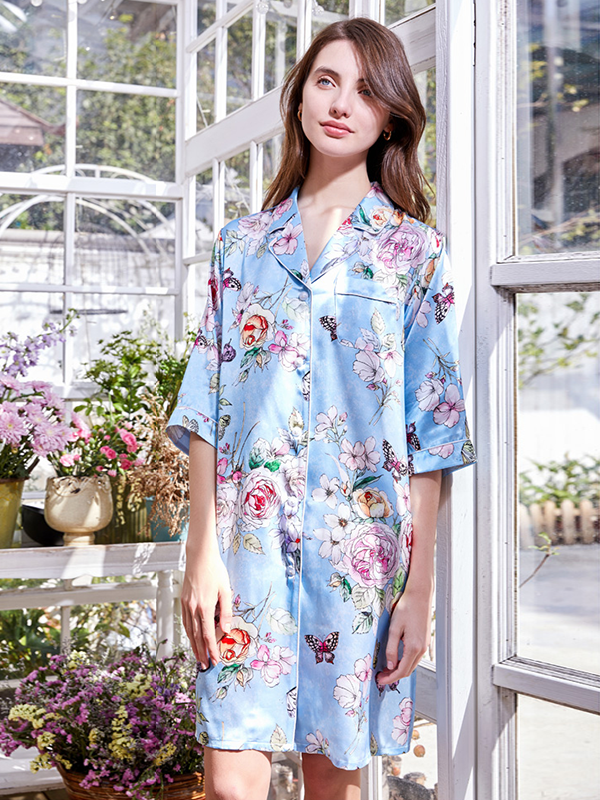 19 Momme Spring Summer 3/4 Length Sleeve Printed Silk Nightgown-Real Silk Life