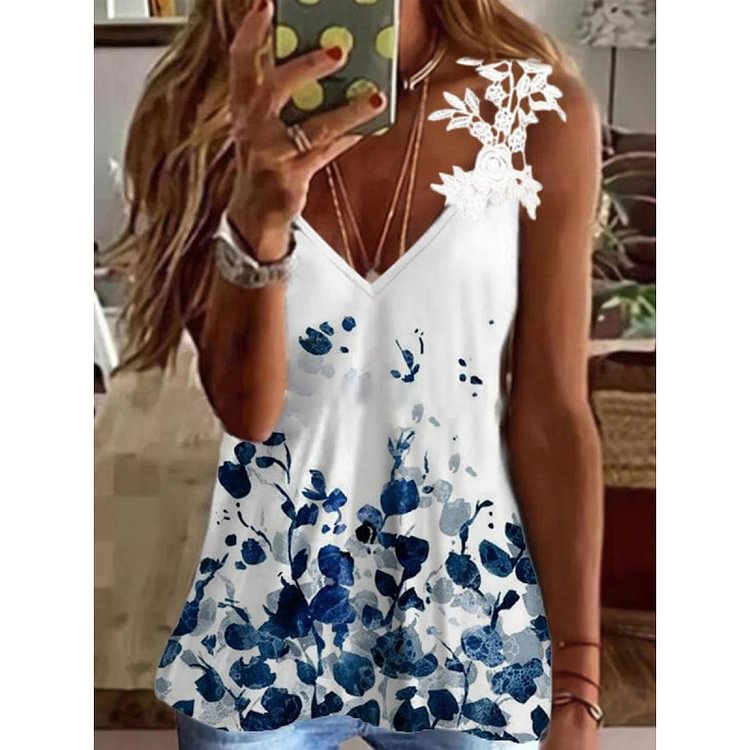 Casual Floral Print V-neck Lace Camisole