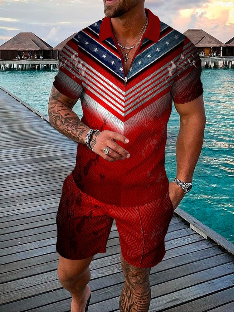 Men's Red Printed Independence Day Polo Suit