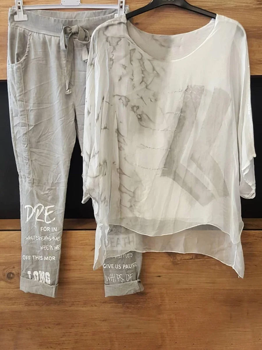 Printed Chiffon Top And Printed Pants Set