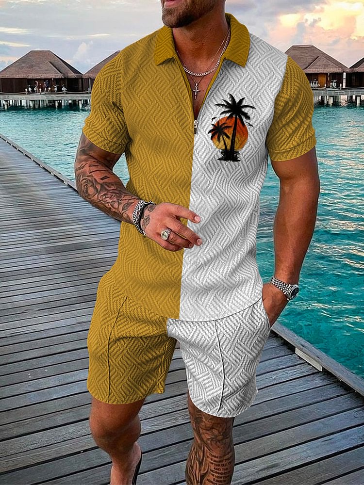 Men's Fashion Coconut Tree Printed Yellow Polo Suit
