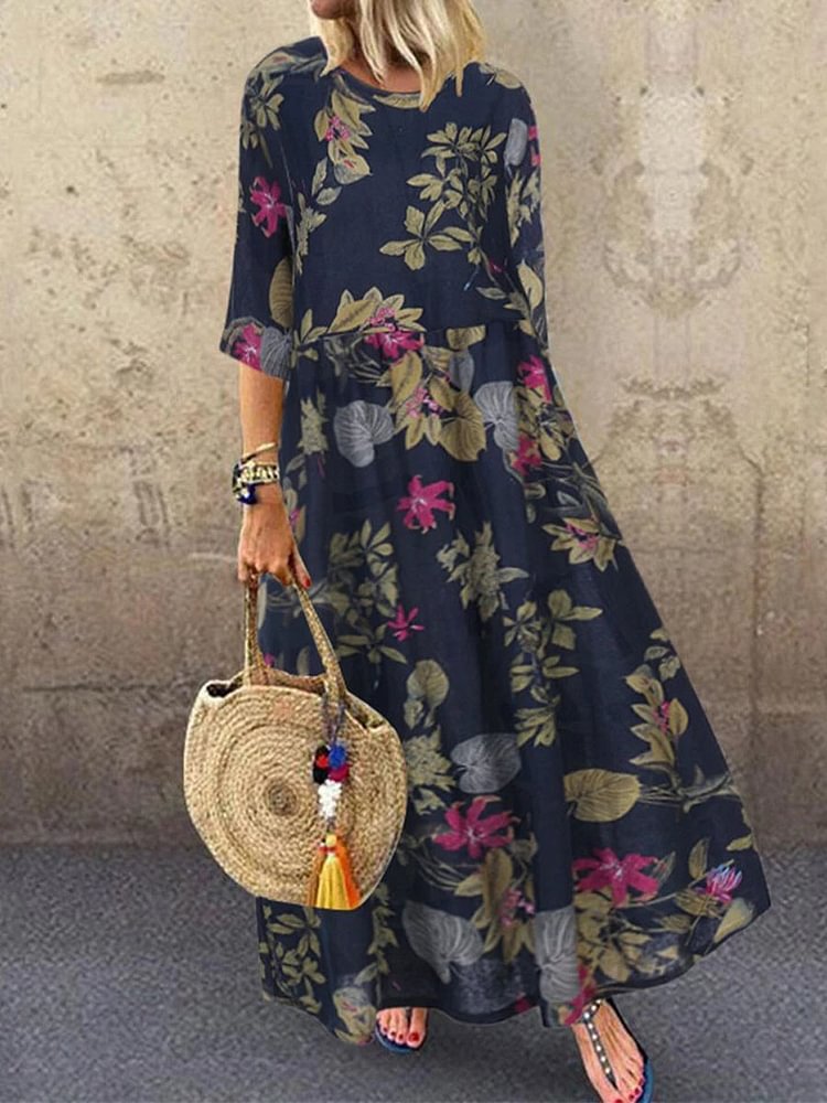 Women Vintage Linen Printed Flowers Maxi Dress