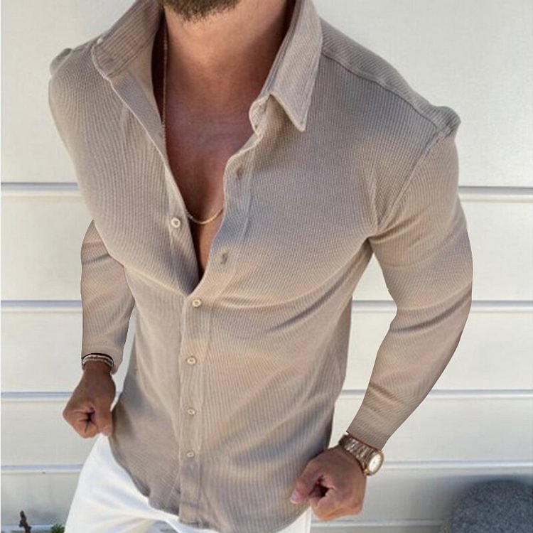 BrosWear Solid Color Slim Fit Button Lapel Long Sleeve Shirt Khaki
