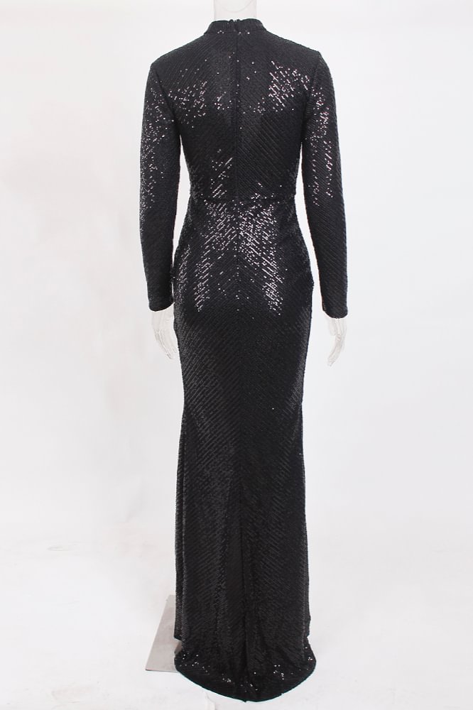 Deep V Neck Long Sleeve Sequins Prom Dress Long With Front Split Online 
