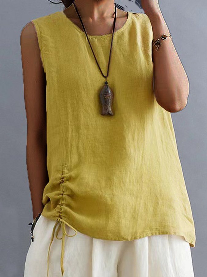 Women's Cotton Hemp Drawstring Solid Color Casual T-shirt