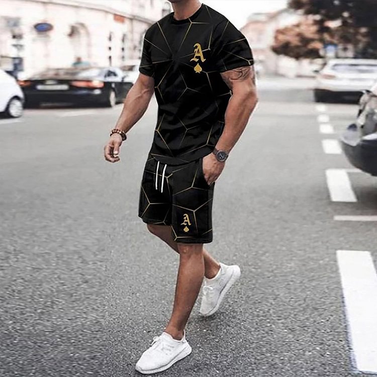 BrosWear Fashion Black And Gold Print T-Shirt And Shorts Two Piece Set