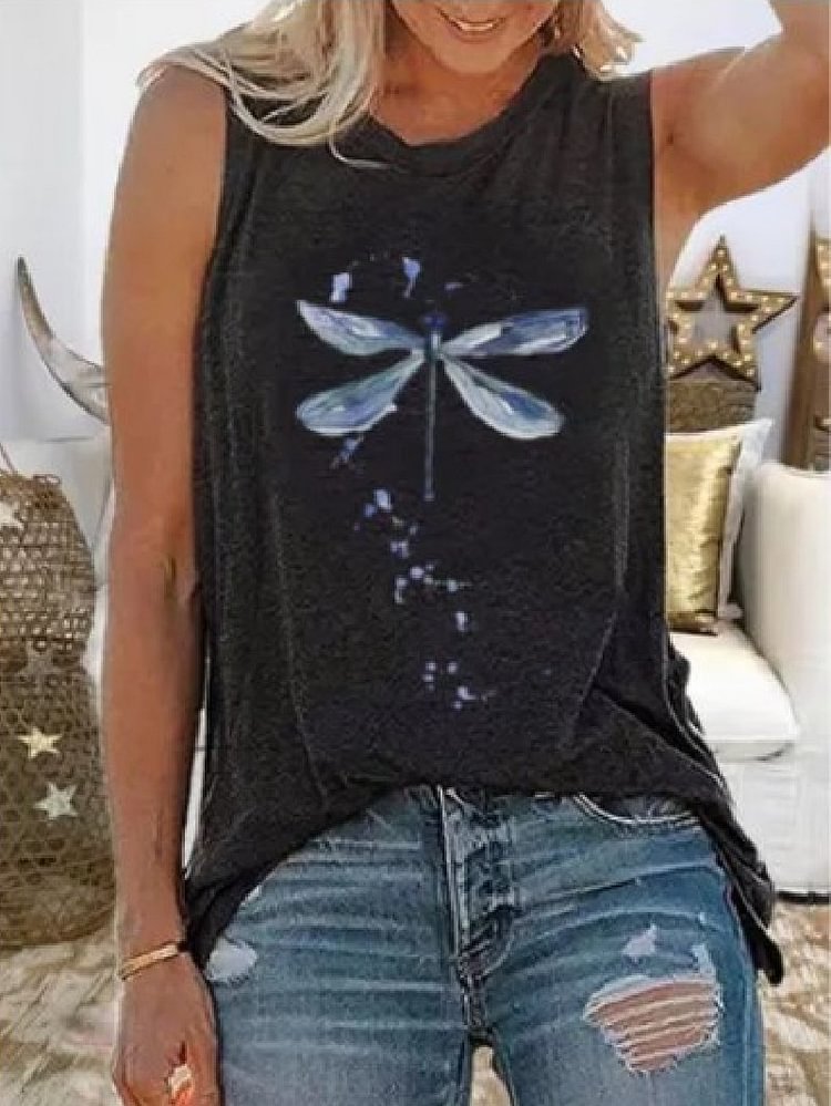 Casual Dragonfly Print Crew Neck Sleeveless Top-Mayoulove