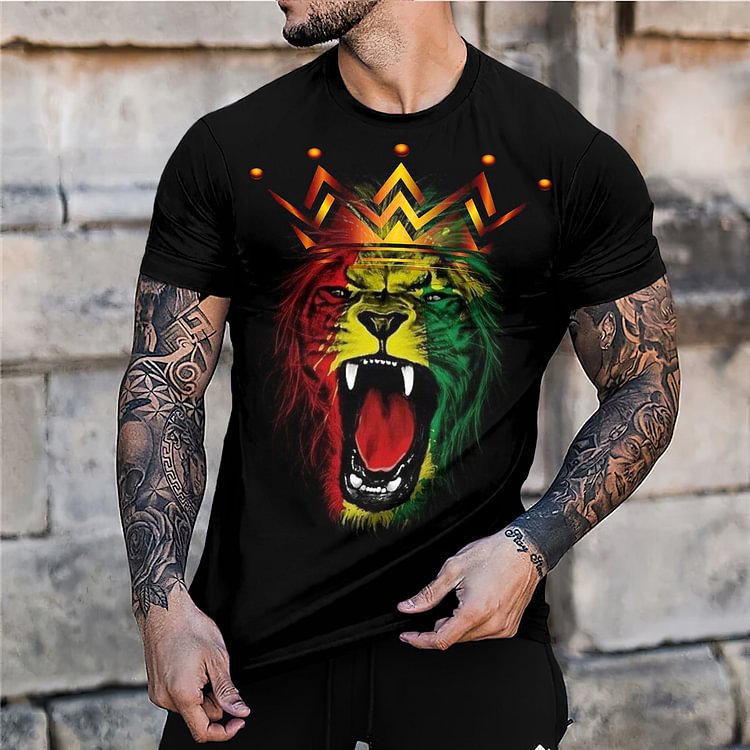 BrosWear Black Lion Crown Print Short Sleeve T-Shirt