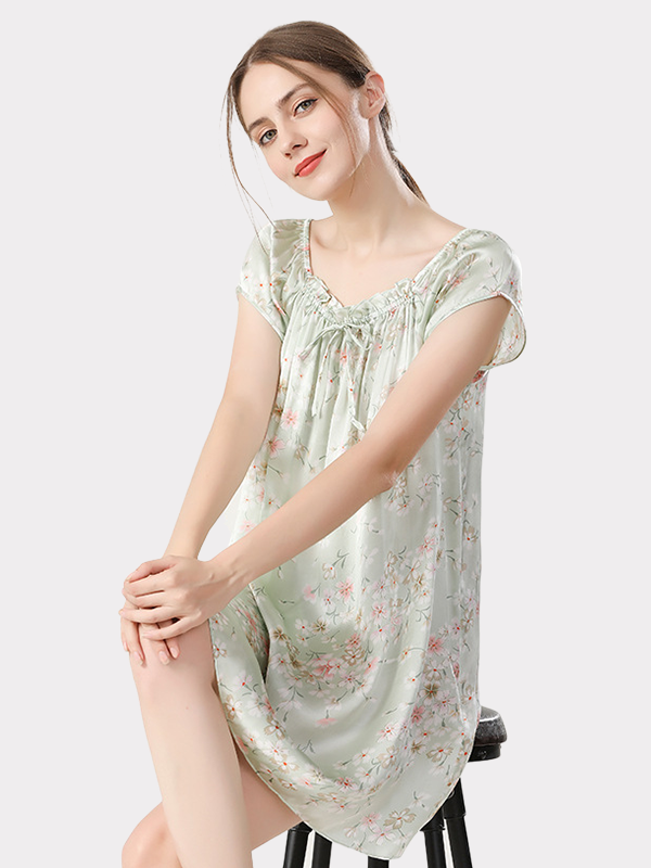 Green Blossom Print Silk Nightgown For Women