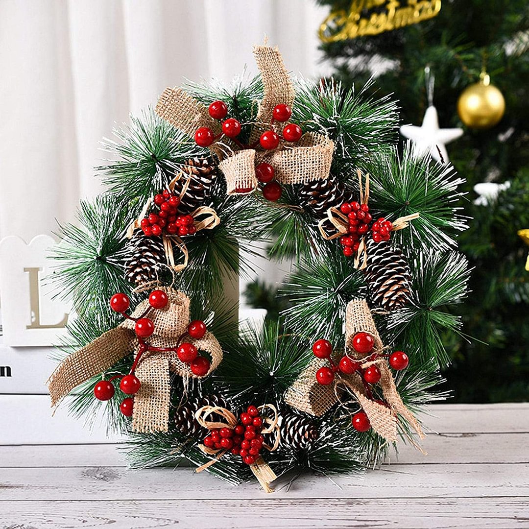 Burlap Bowknot And Pine Cones Outdoor Christmas Wreath For Windows
