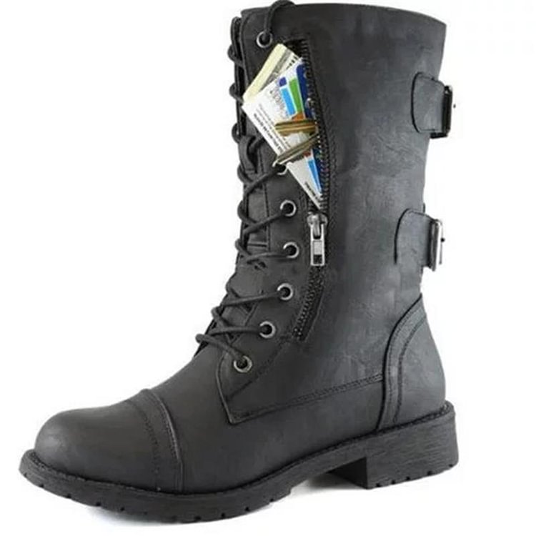 Women Military Combat Lace up Mid Calf Hide Credit Card Knife Money Wallet Pocket Boots