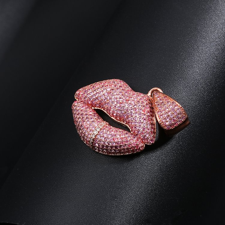 Iced Out Pink Zircon Lips Pendant Necklace Rose Gold