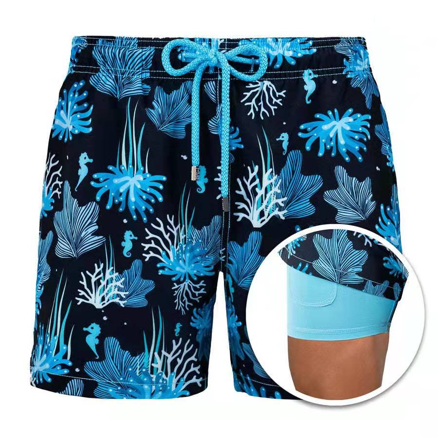 Blue Coral - Drawstring Beach Built-in Compression Liner Swim Trunks