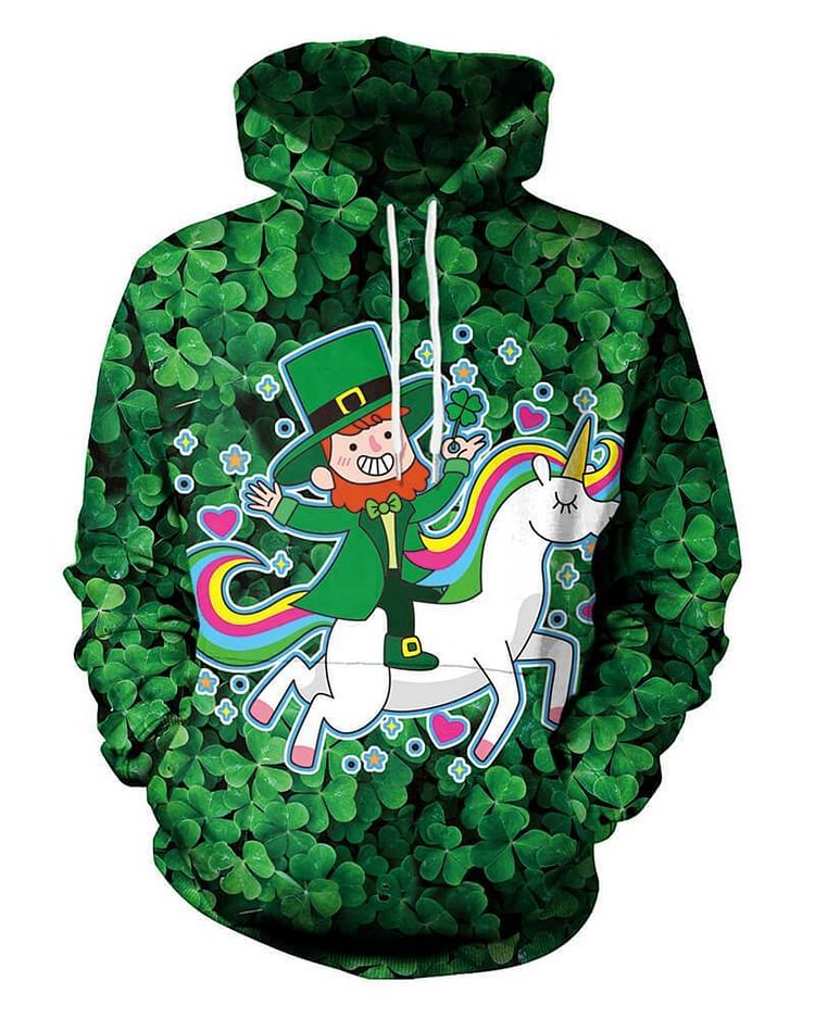 Mayoulove Clover Boy Patrick In The Green Hat Riding Unicorn Print Unisex Hoodie-Mayoulove