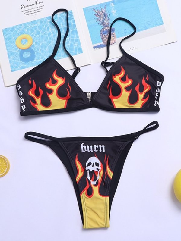 Punk Style Skull Fire Printed Adjustable Spaghetti Strap Triangle Bottom Two-piece Bikini Sets