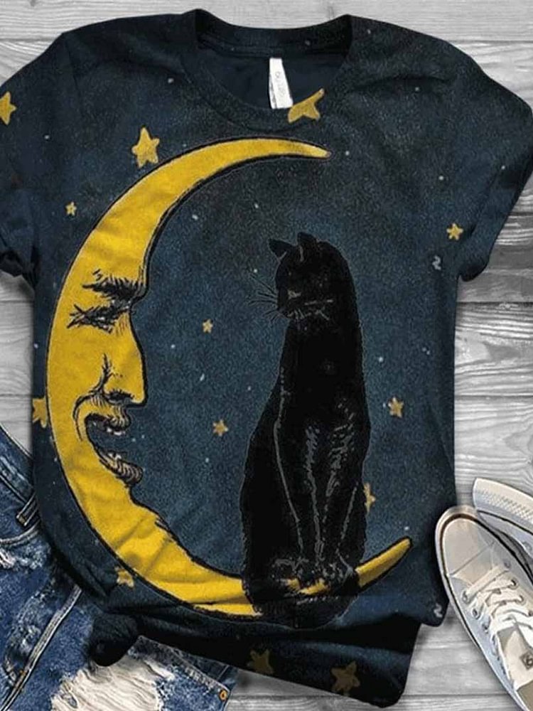 Ladies Printed Moon And Cat Casual T-shirt