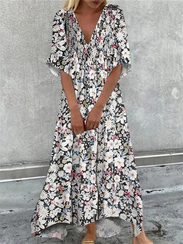 White V-Neck Half Sleeve Graphic Floral Printed Maxi Dress
