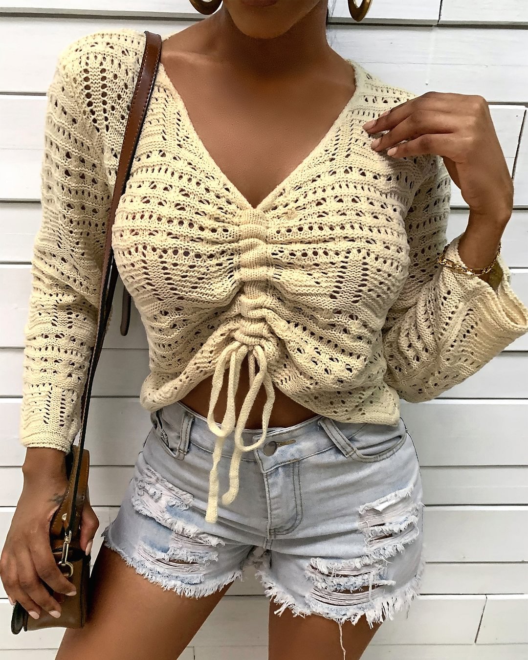 Solid Drawstring Ruched Knit Sweater P15130