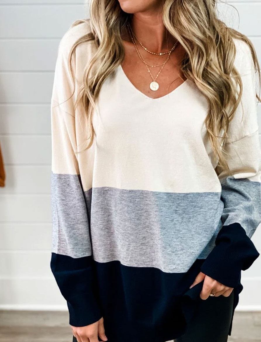 V-neck Casual Loose Contrast Sweater Pullover-Corachic