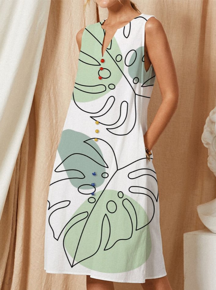 Leaf Print Color Block Multi-color Button Pocket V-neck Sleeveless Dress